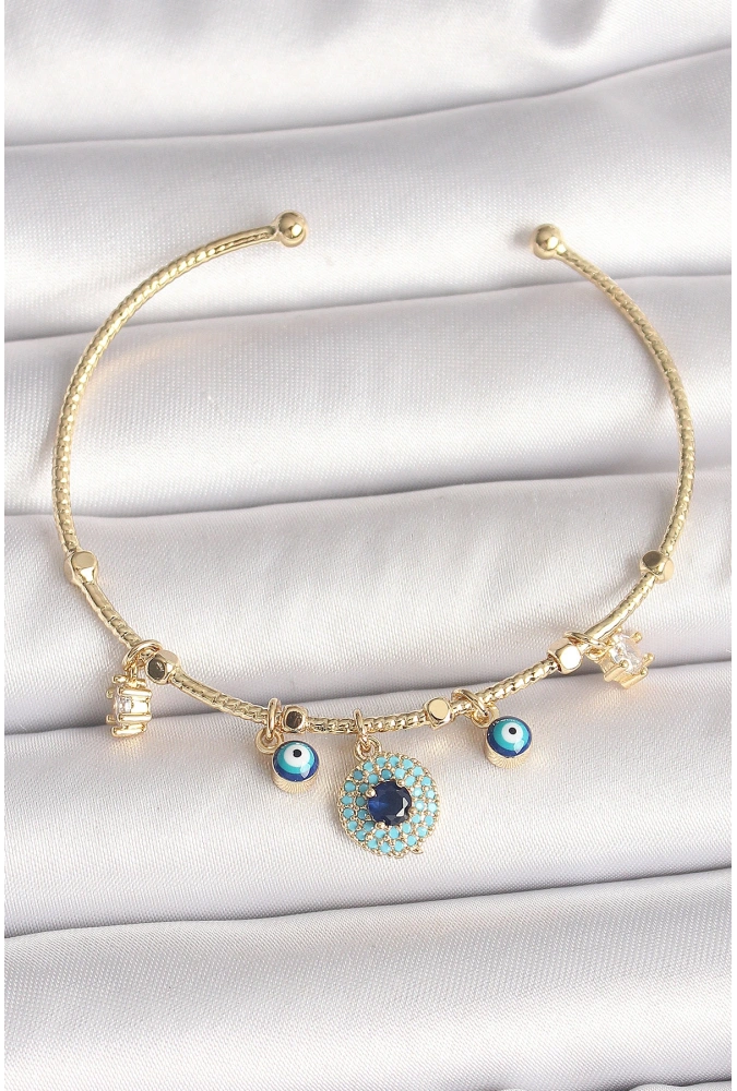 Shoecide Pirinç Gold Renk Zirkon Taşlı Nazar Boncuk Detay Charm Kadın Bileklik