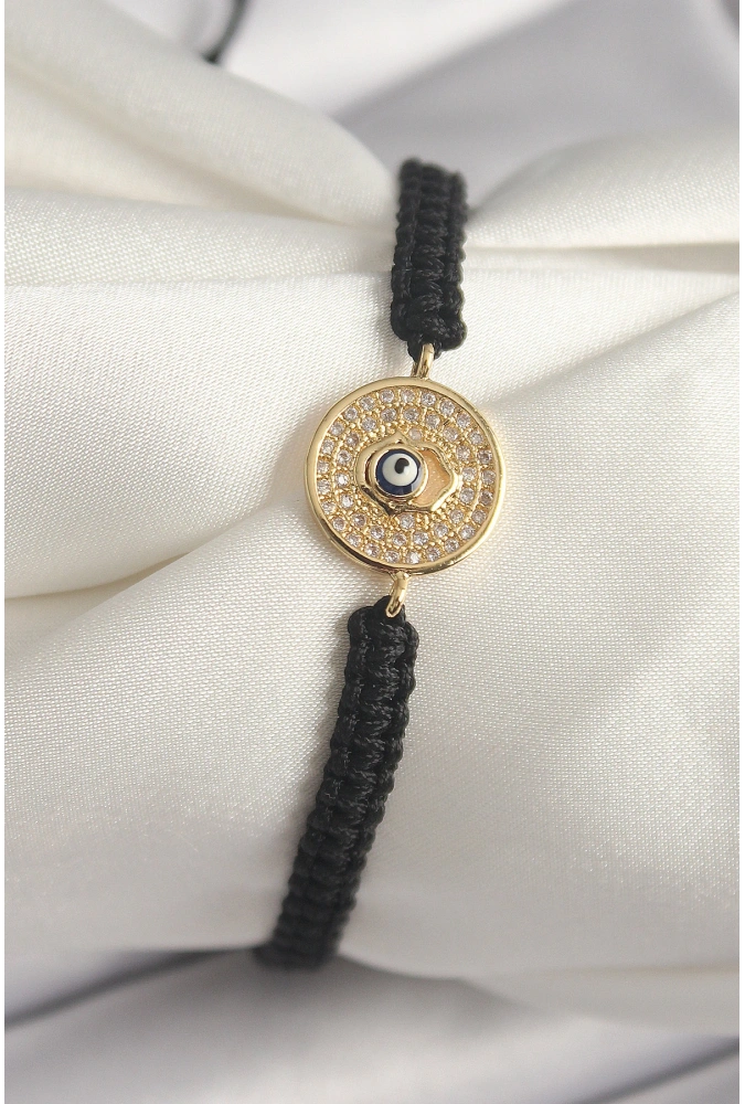 Shoecide Pirinç Gold Renk Zirkon Taşlı Nazar Boncuk İşleme Makrome Asansörlü Model Kadın Bileklik