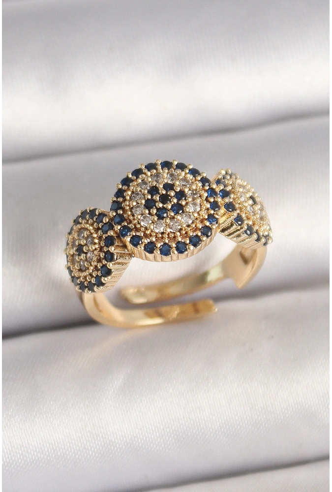 Shoecide Pirinç Gold Renk Zirkon Taşlı Nazar Boncuk Model Ayarlanabilir Model Kadın Yüzük