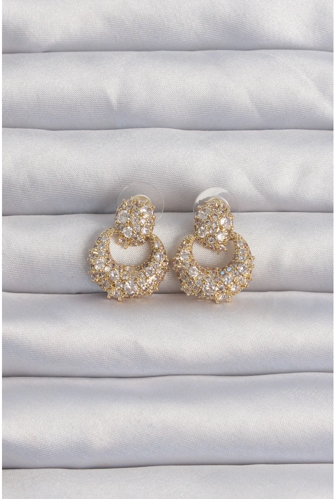 Shoecide Pirinç Gold Renk Zirkon Taşlı Oval Form Küpe