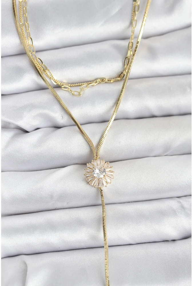 Shoecide Pirinç Gold Renk Zirkon Taşlı Papatya Model Detaylı 3lü Kombin Y Kadın Kolye