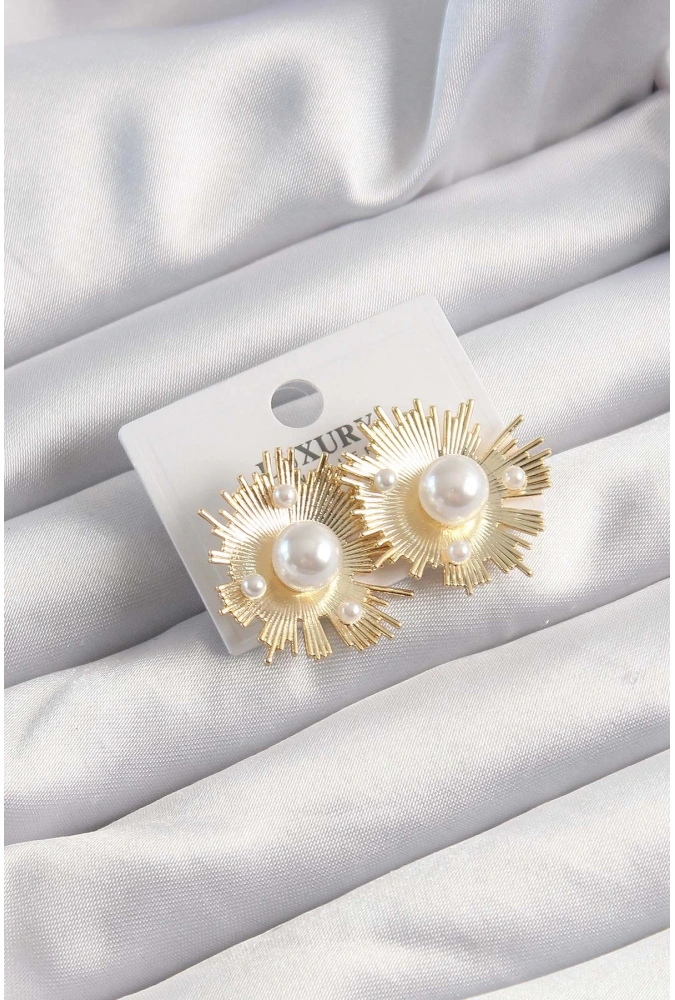 Shoecide Pirinç Gold Renk Zirkon Taşlı Parlayan İnci Taneleri Küpe