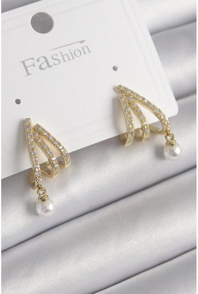 Shoecide Pirinç Gold Renk Zirkon Taşlı Pençe Model İnci Detay Kadın Küpe