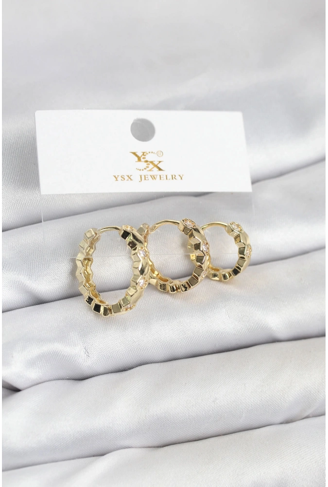 Shoecide Pirinç Gold Renk Zirkon Taşlı Petek Halka Model Ysx Trio Küpe Seti