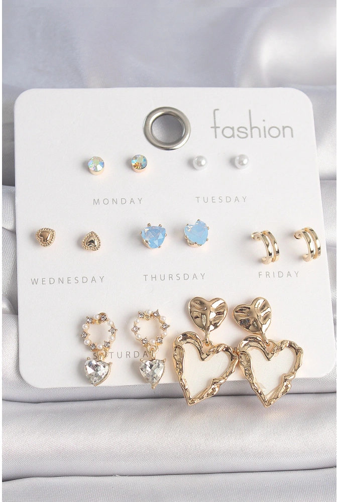 Shoecide Pirinç Gold Renk Zirkon Taşlı Sallantı Beyaz Sedefli Kalp Model 7 Çift Kadın Küpe Seti