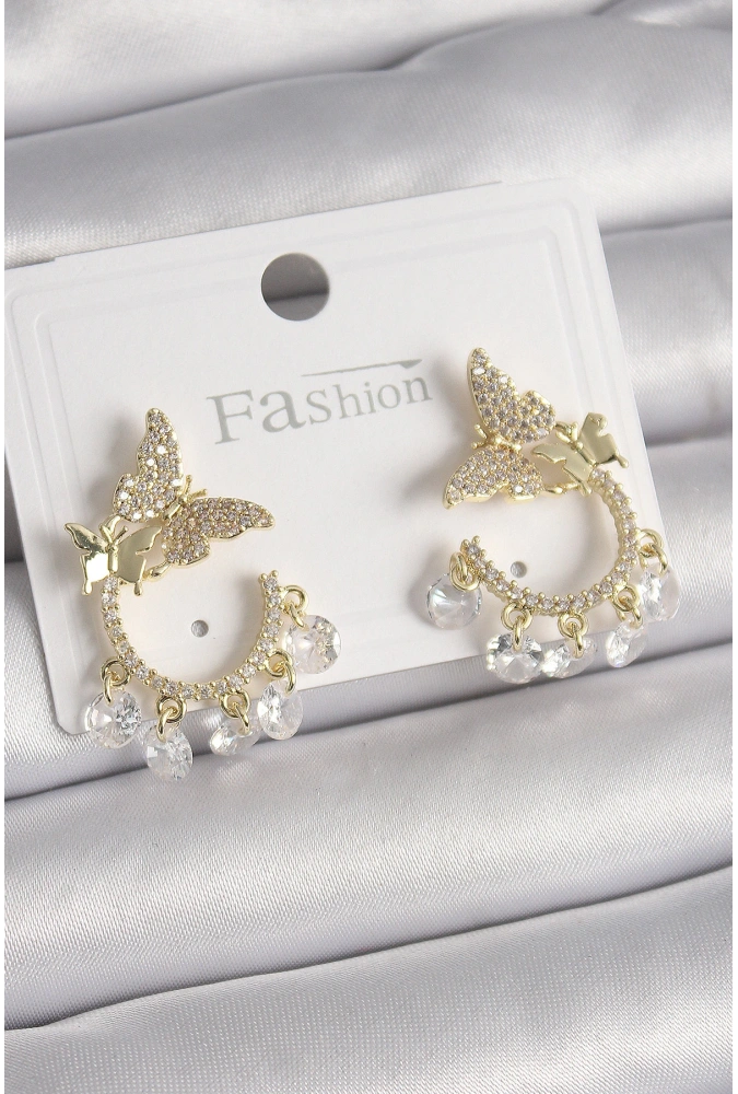 Shoecide Pirinç Gold Renk Zirkon Taşlı Sallantı Detay Kelebek Model Kadın Küpe