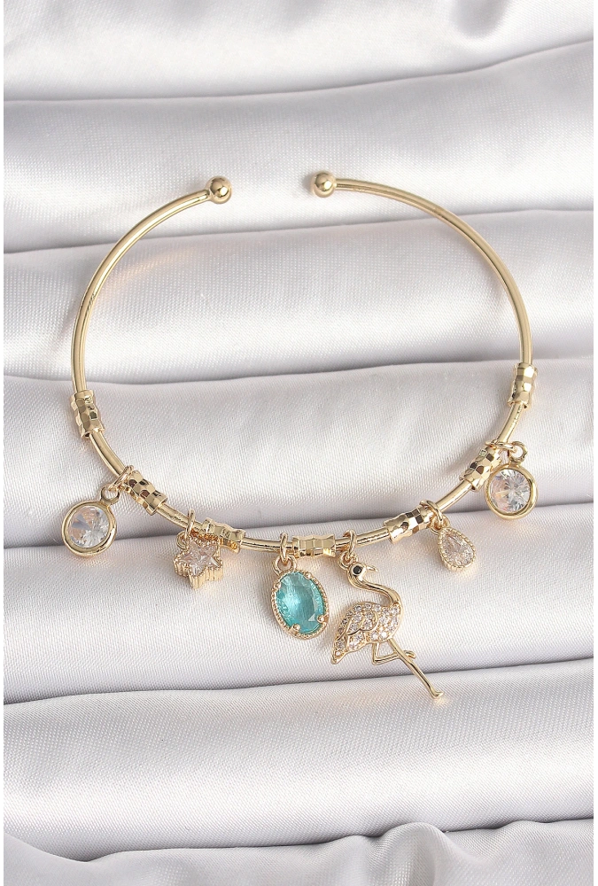 Shoecide Pirinç Gold Renk Zirkon Taşlı Sallantı Filamingo Figür Charm Kadın Bileklik