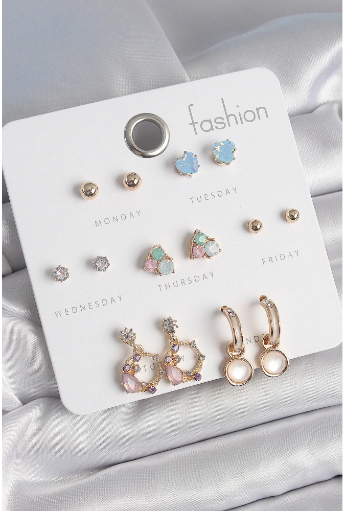 Shoecide Pirinç Gold Renk Zirkon Taşlı Sallantı Halka Figür Kalp Detay 7 Çift Kadın Küpe