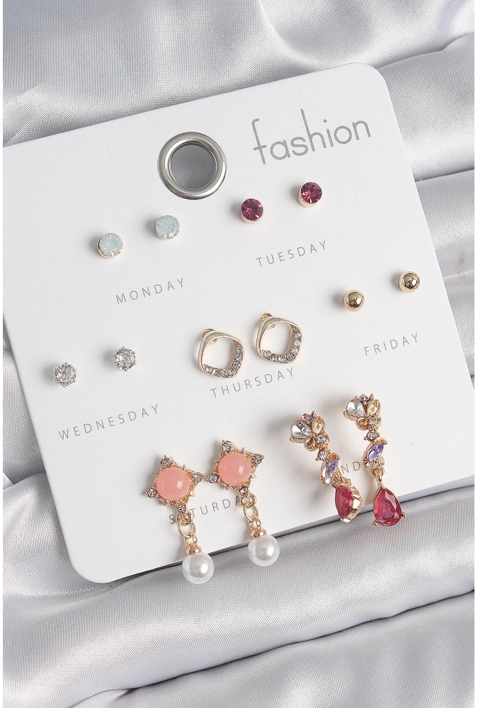 Shoecide Pirinç Gold Renk Zirkon Taşlı Sallantı İnci Detay 7 Çift Kadın Küpe