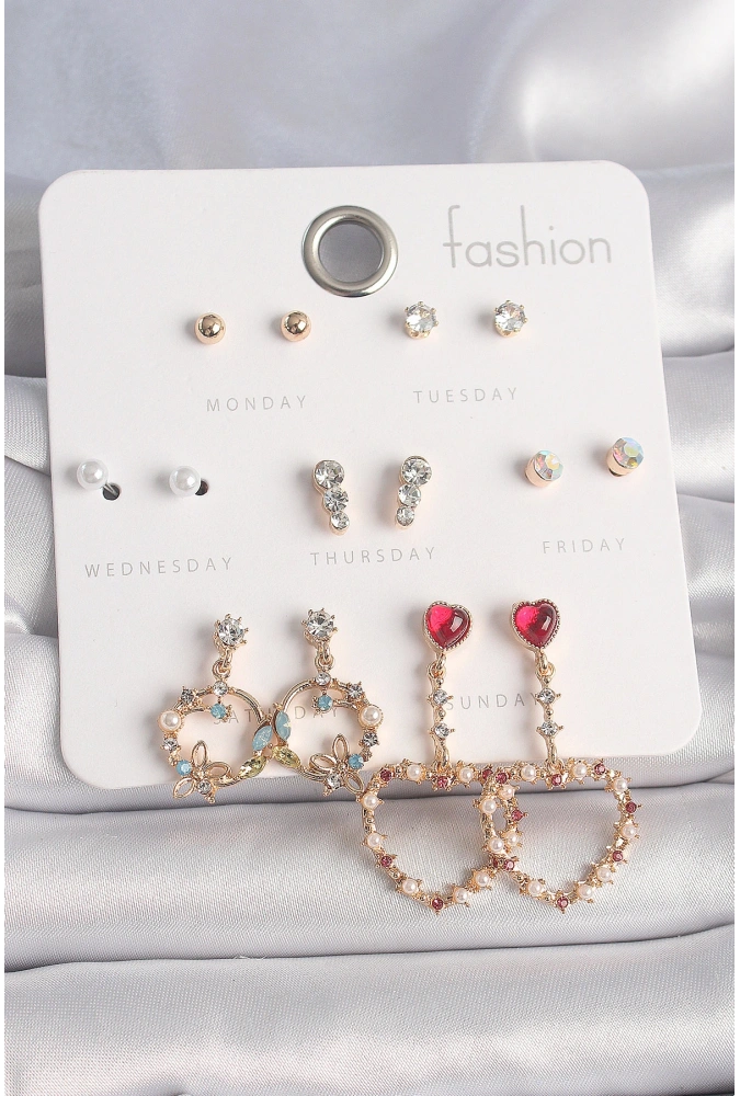 Shoecide Pirinç Gold Renk Zirkon Taşlı Sallantı Kalp Figür 7 Çift Kadın Küpe Seti