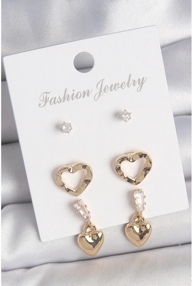 Shoecide Pirinç Gold Renk Zirkon Taşlı Sallantı Kalp Model Kadın 3 Çift Küpe Seti