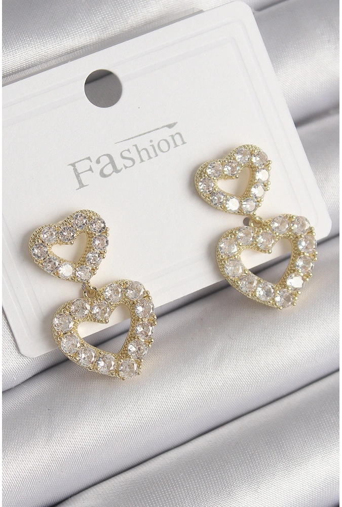 Shoecide Pirinç Gold Renk Zirkon Taşlı Sallantı Kalp Model Kadın Küpe