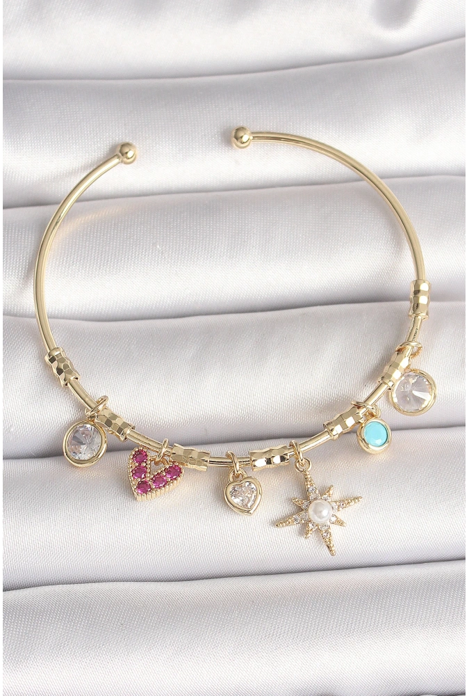 Shoecide Pirinç Gold Renk Zirkon Taşlı Sallantı Kutup Yıldız Figür İnci Detay Charm Kadın Bileklik
