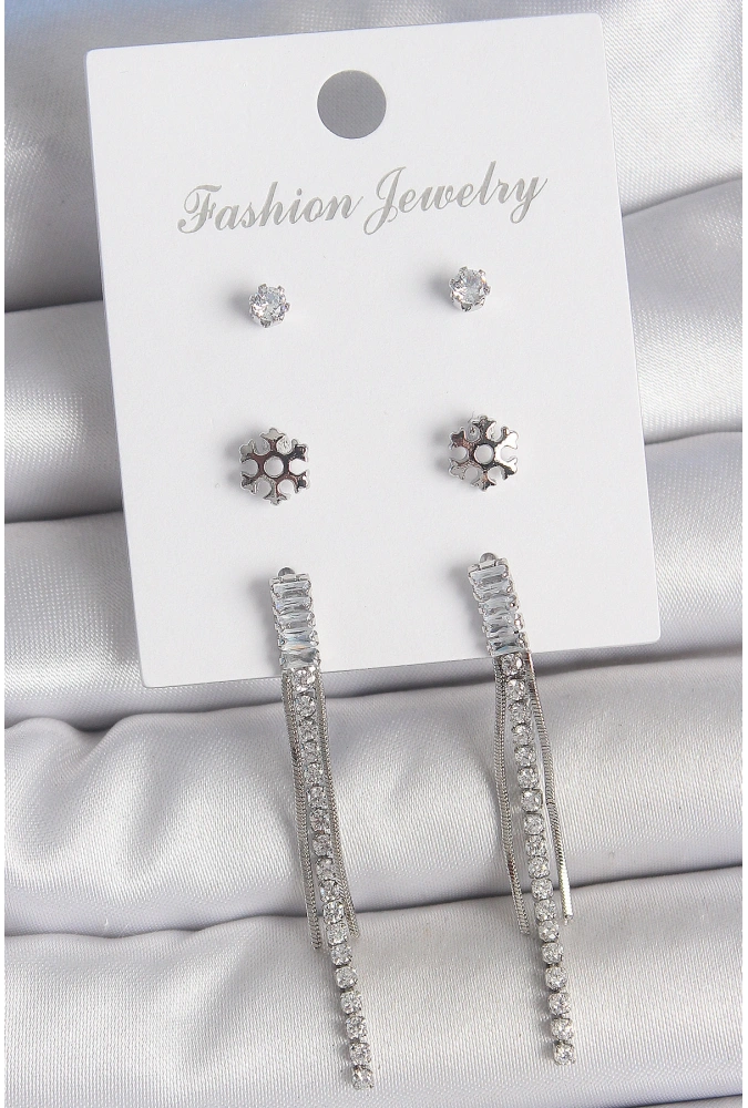 Shoecide Pirinç Gold Renk Zirkon Taşlı Sallantılı Çiçek Detay 3 Çfit Kadın Küpe Seti