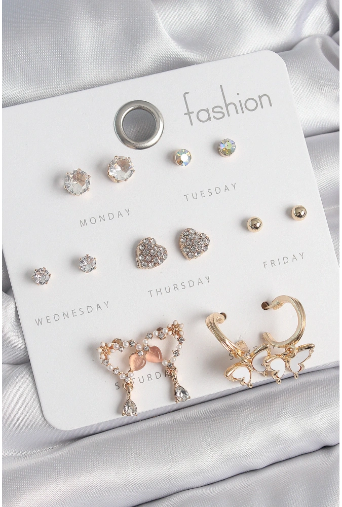 Shoecide Pirinç Gold Renk Zirkon Taşlı Sallantılı Kalp Figür Kelebek Detay 7 Çift Kadın Küpe Seti