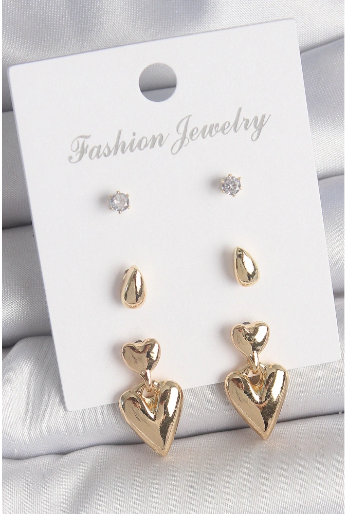 Shoecide Pirinç Gold Renk Zirkon Taşlı Sallantılı Kalp Model 3 Çift Kadın Küpe Seti