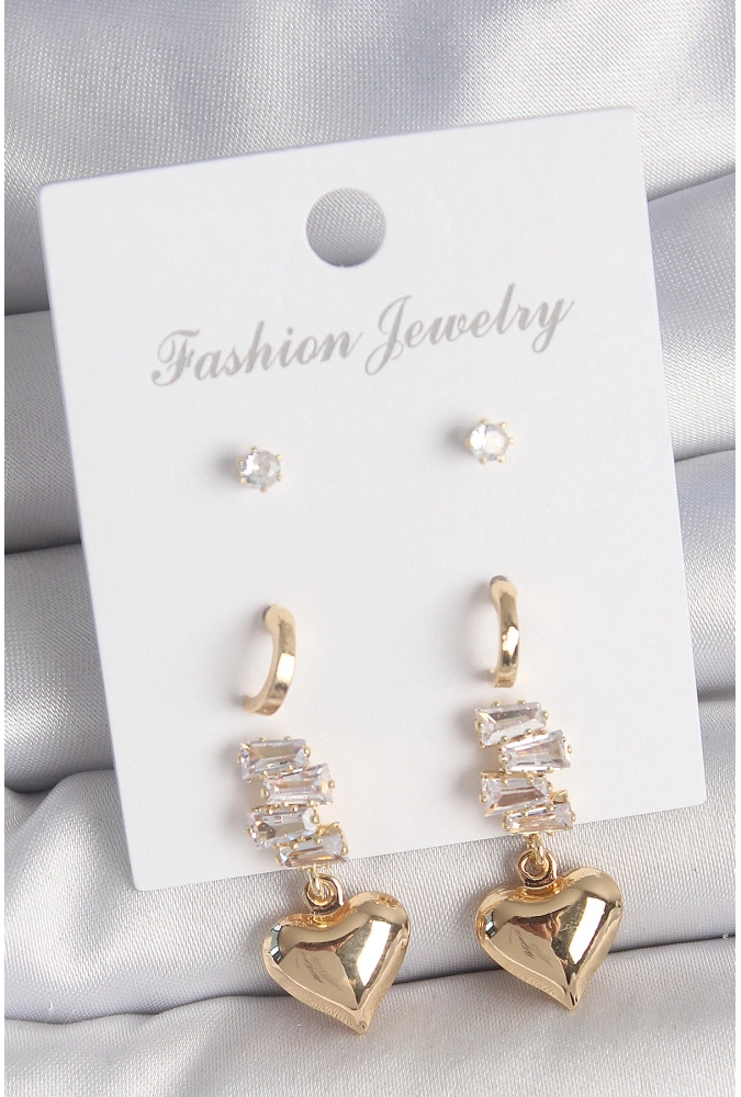 Shoecide Pirinç Gold Renk Zirkon Taşlı Sallantılı Kalp Model Yarım Halka Detay 3 Çift Kadın Küpe Seti