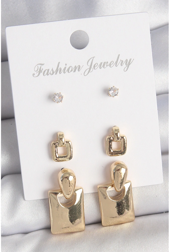 Shoecide Pirinç Gold Renk Zirkon Taşlı Sallantılı Kare Model 3 Çift Kadın Küpe Seti