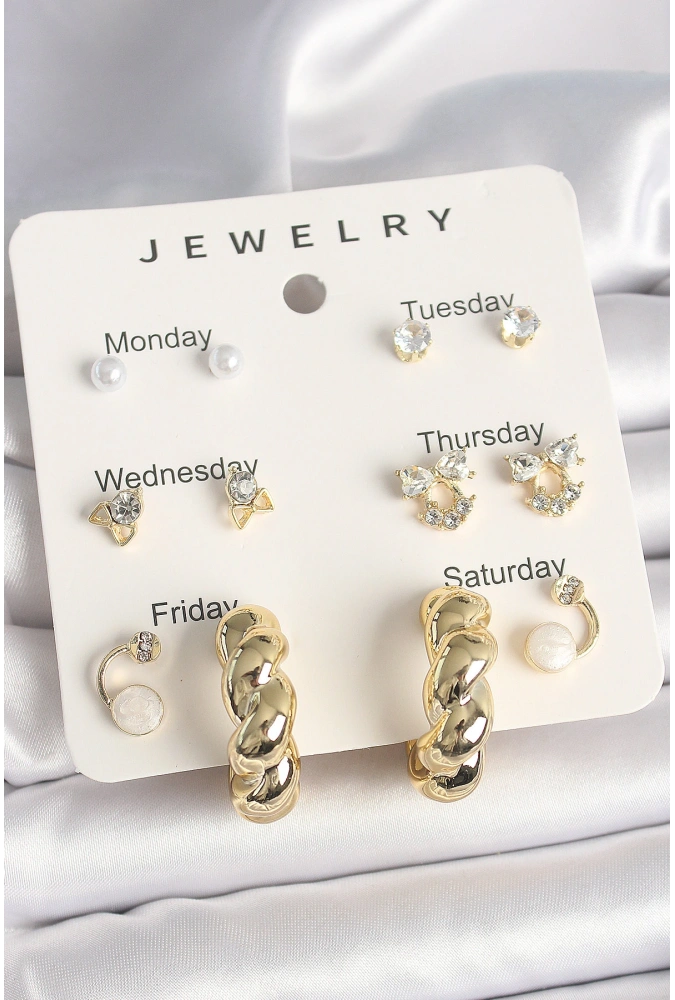 Shoecide Pirinç Gold Renk Zirkon Taşlı Sarmal Halka Model 7li Kadın Küpe Seti