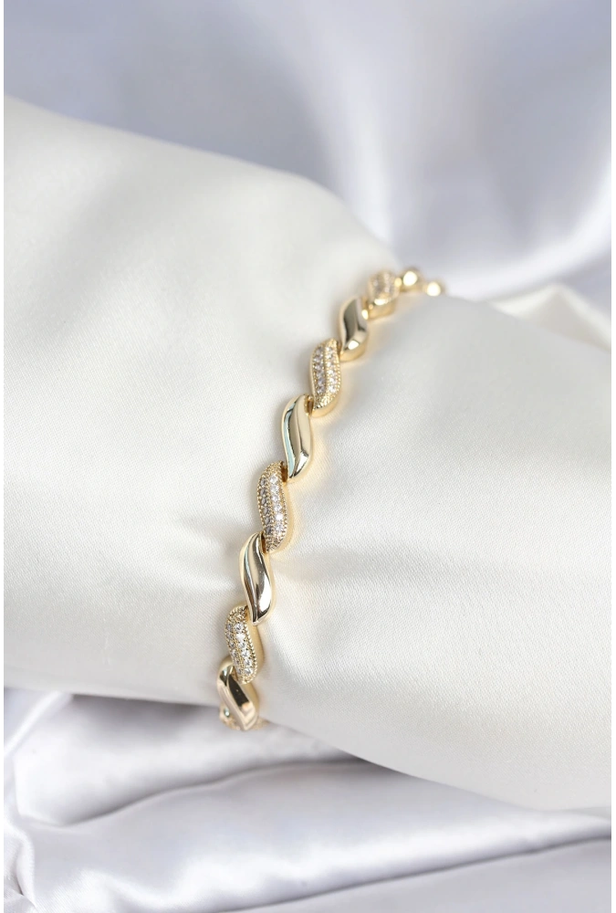 Shoecide Pirinç Gold Renk Zirkon Taşlı Sarmal Model Kadın Bileklik