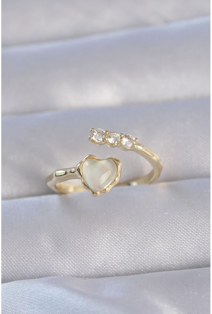 Shoecide Pirinç Gold Renk Zirkon Taşlı Sedefli Kalp Model Ayarlanabilir Yüzük