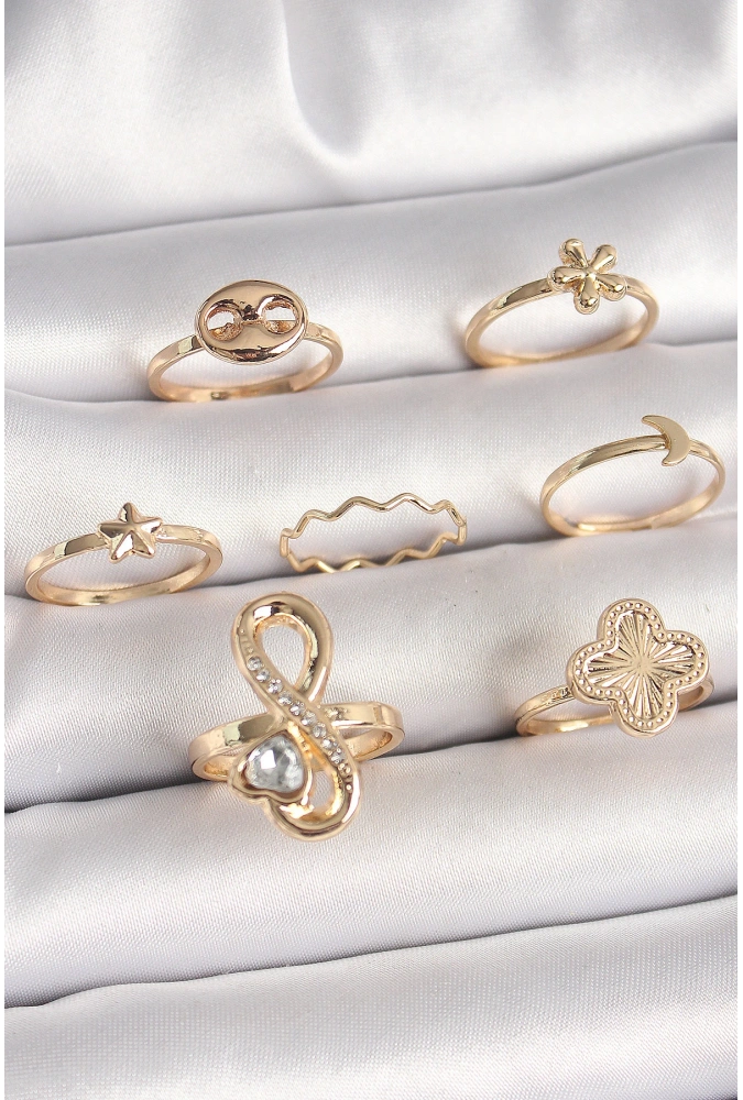 Shoecide Pirinç Gold Renk Zirkon Taşlı Sonsuzluk Figür Yıldız Detay Kadın Yüzük Kombini