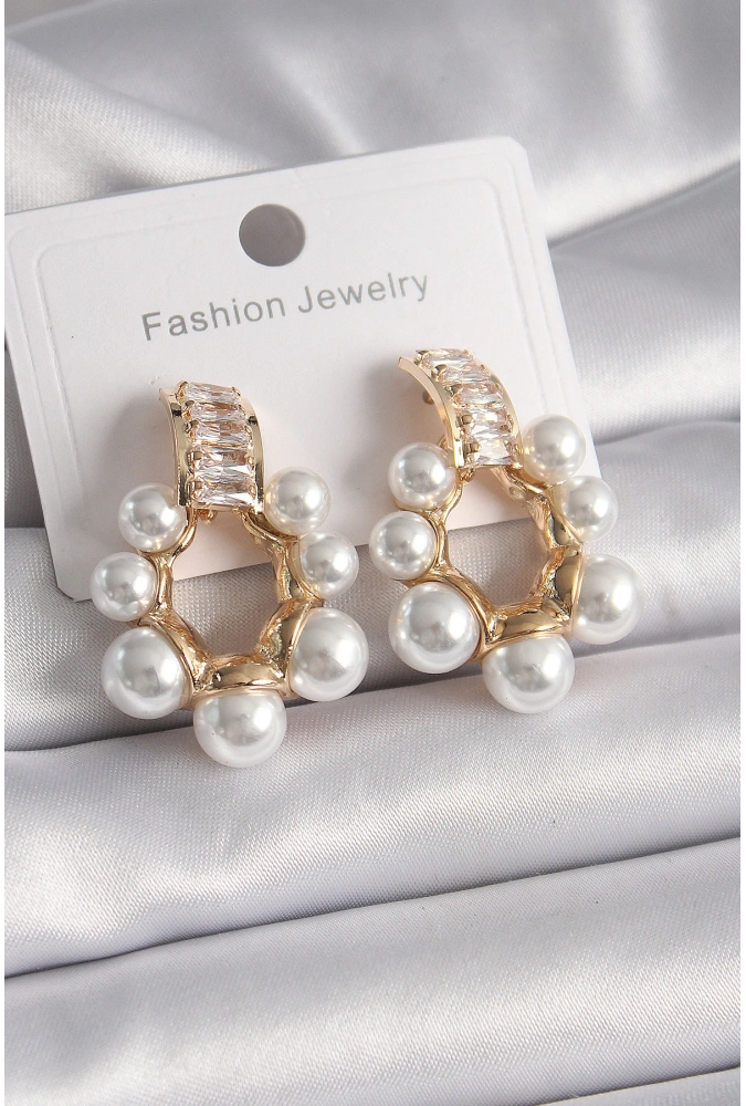 Shoecide Pirinç Gold Renk Zirkon Taşlı Su Yolu İncili Halka Model Kadın Küpe