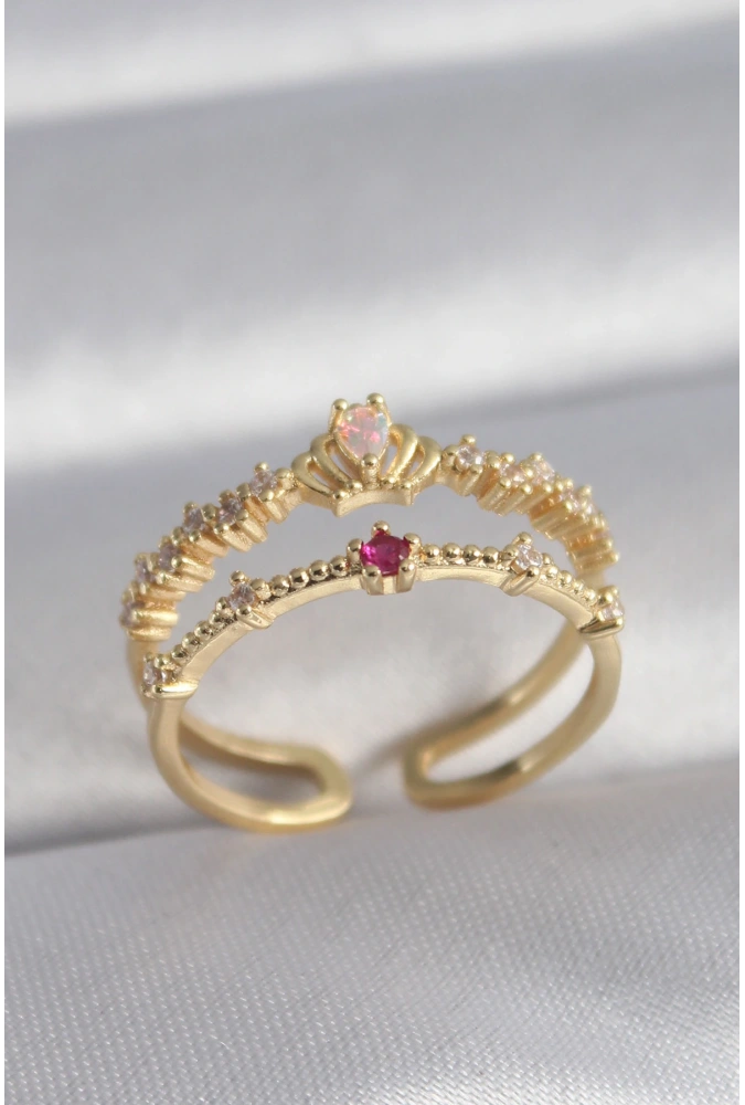 Shoecide Pirinç Gold Renk Zirkon Taşlı Taç Model Kadın Yüzük
