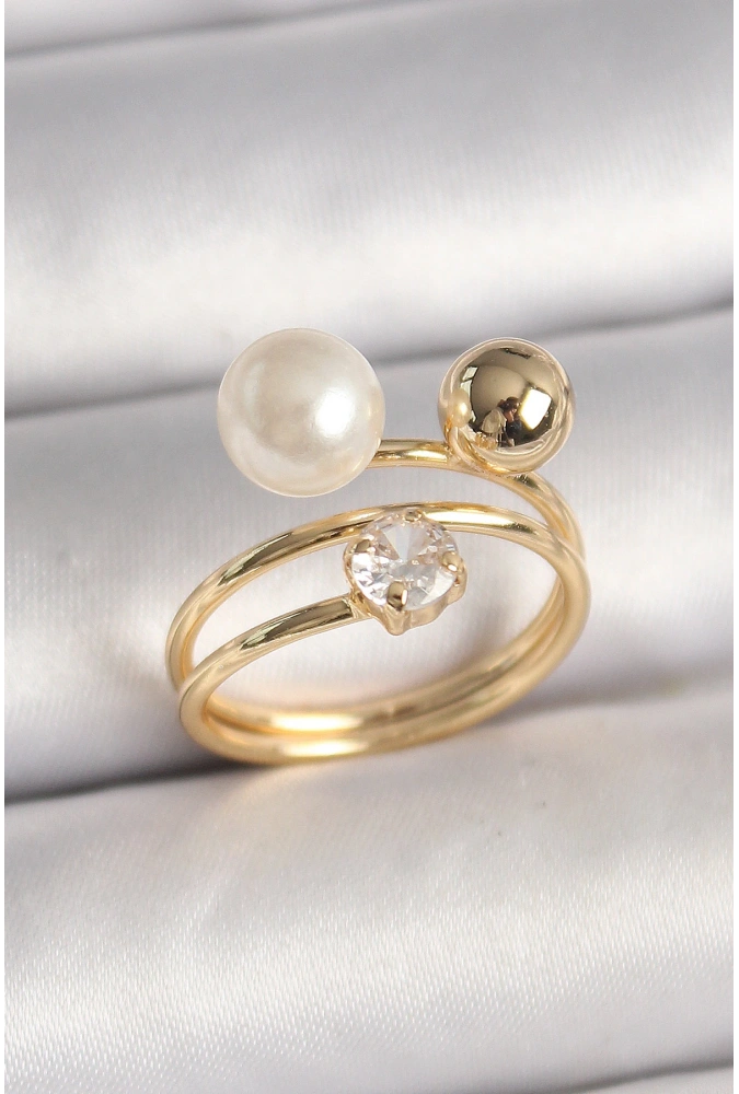 Shoecide Pirinç Gold Renk Zirkon Taşlı Top İnci Model Kadın Yüzük