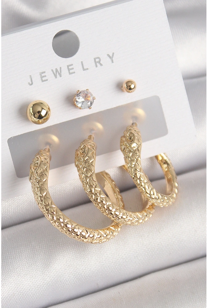 Shoecide Pirinç Gold Renk Zirkon Taşlı Topçuk Detay Yılan Halka Model Kadın Küpe Seti