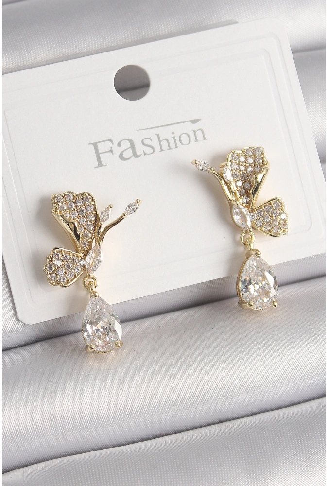 Shoecide Pirinç Gold Renk Zirkon Taşlı Turna Kuşu Model Sallantı Detay Kadın Küpe