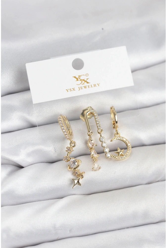 Shoecide Pirinç Gold Renk Zirkon Taşlı Uzay Model Ysx Trio Küpe Seti