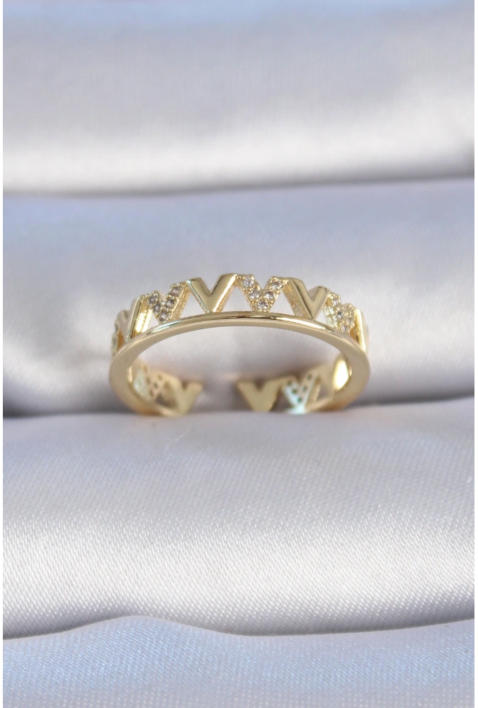 Shoecide Pirinç Gold Renk Zirkon Taşlı v Model Kadın Yüzük