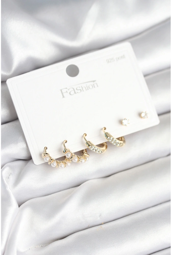 Shoecide Pirinç Gold Renk Zirkon Taşlı Ve İncili Model 925 Ayar Gümüş Çivi Kadın Küpe Seti