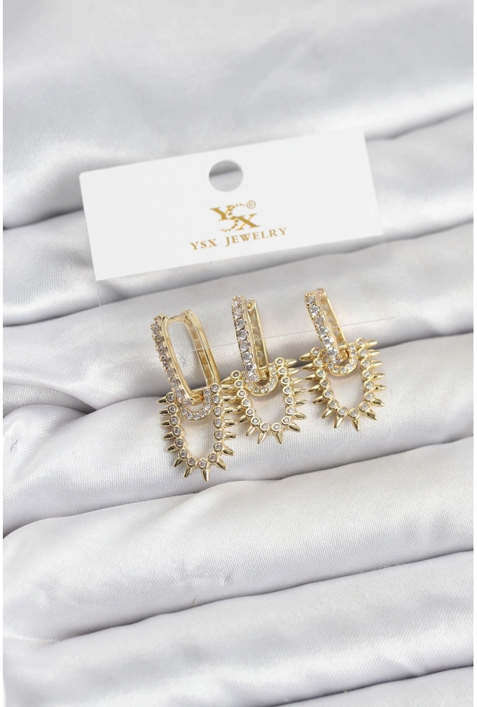 Shoecide Pirinç Gold Renk Zirkon Taşlı Vintage Model Ysx Trio Küpe Seti