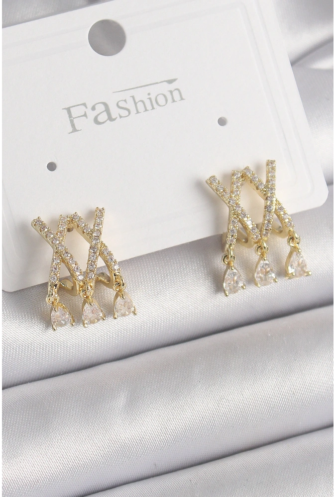 Shoecide Pirinç Gold Renk Zirkon Taşlı X Model Sallantı Detay Kadın Küpe