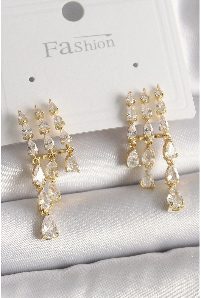 Shoecide Pirinç Gold Renk Zirkon Taşlı Yağmur Model Kadın Küpe