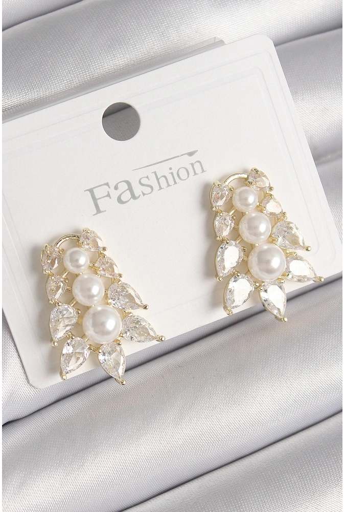 Shoecide Pirinç Gold Renk Zirkon Taşlı Yaprak Model İnci Detay Kadın Küpe