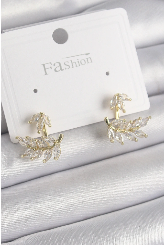 Shoecide Pirinç Gold Renk Zirkon Taşlı Yaprak Model Kadın Küpe