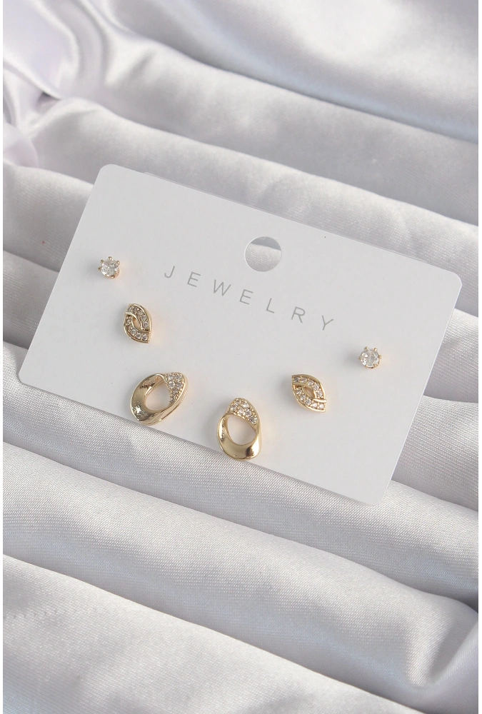 Shoecide Pirinç Gold Renk Zirkon Taşlı Yaprak Model Küpe Seti