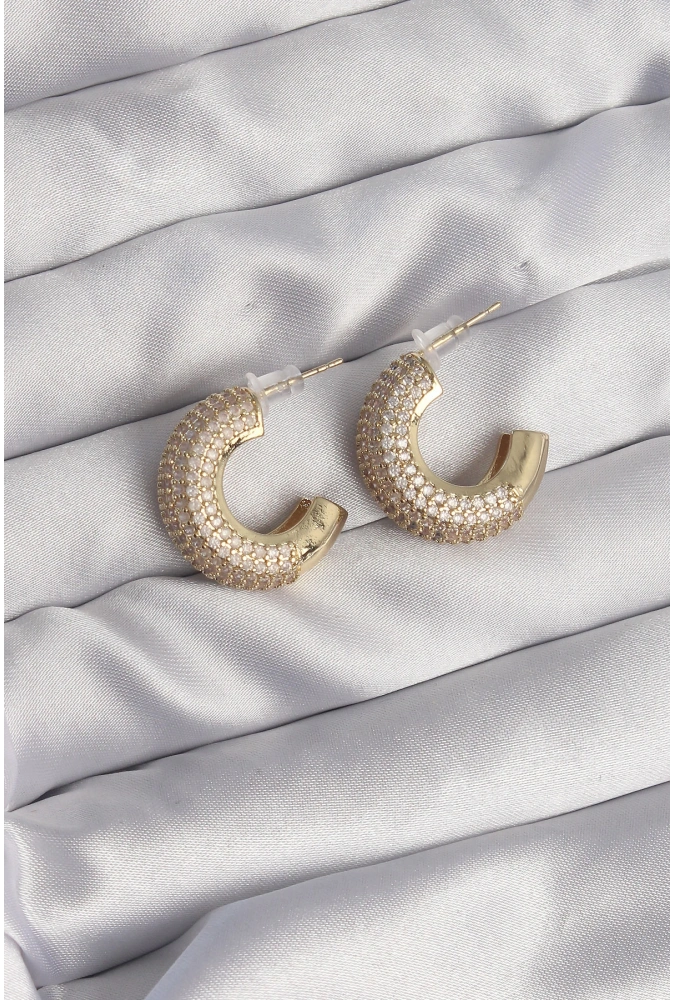 Shoecide Pirinç Gold Renk Zirkon Taşlı Yarım Halka Küpe