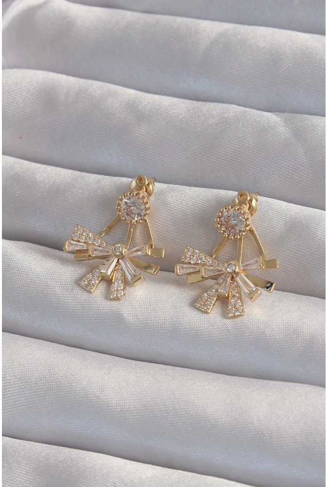 Shoecide Pirinç Gold Renk Zirkon Taşlı Yassı Fiyonk Model Küpe