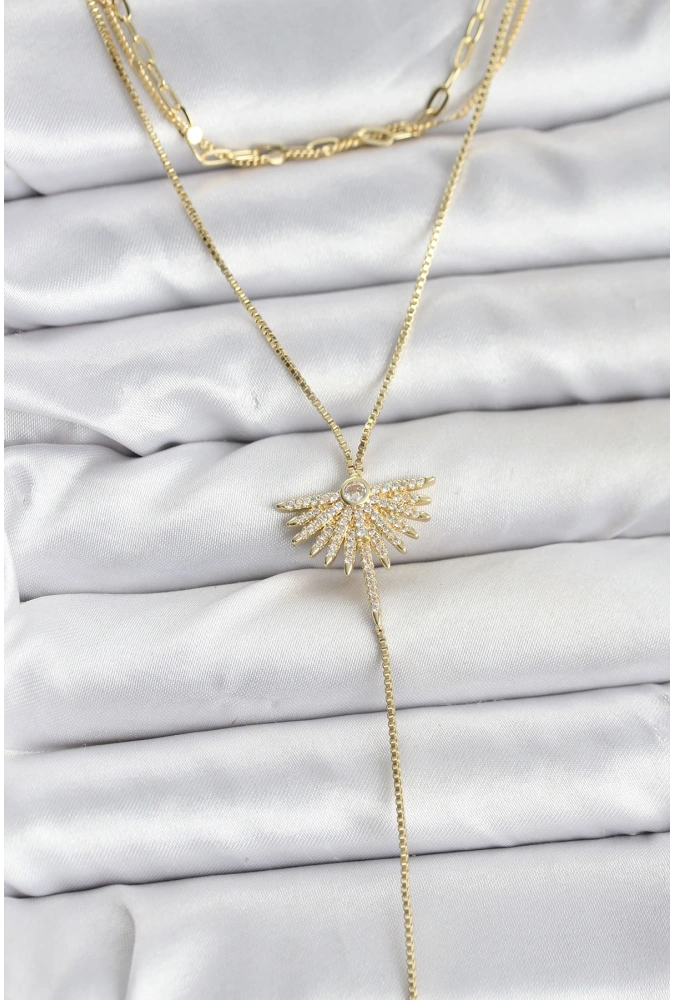 Shoecide Pirinç Gold Renk Zirkon Taşlı Yelpaze Model Detaylı 3lü Kombin Y Kadın Kolye