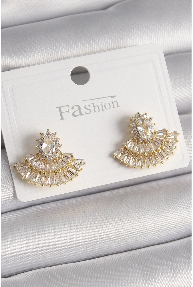 Shoecide Pirinç Gold Renk Zirkon Taşlı Yelpaze Model Kadın Küpe