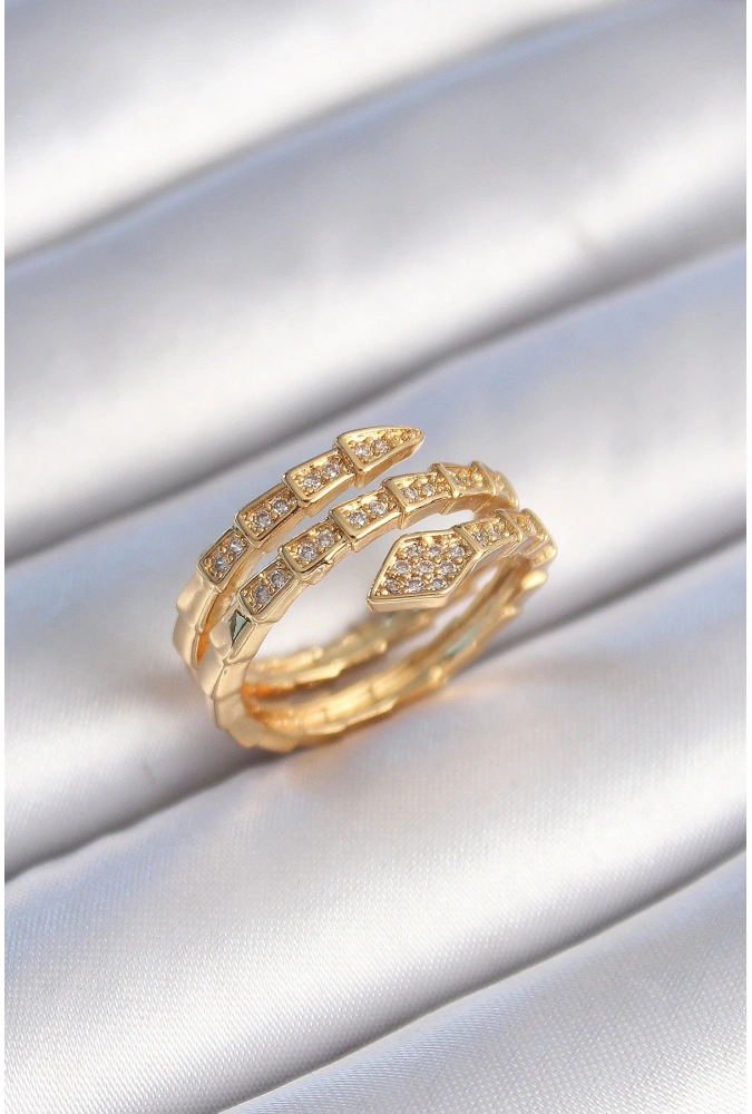 Shoecide Pirinç Gold Renk Zirkon Taşlı Yılan Model Kadın Yüzük