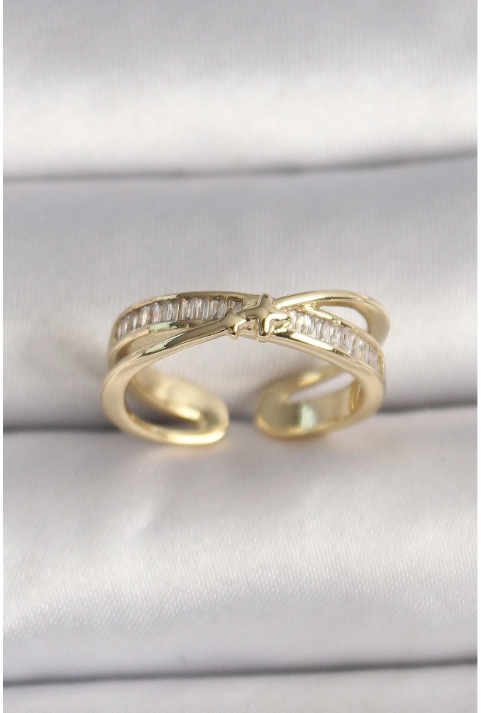 Shoecide Pirinç Gold Renk Zirkon Taşlı Yıldız Detaylı Ayarlanabilir Kadın Yüzük