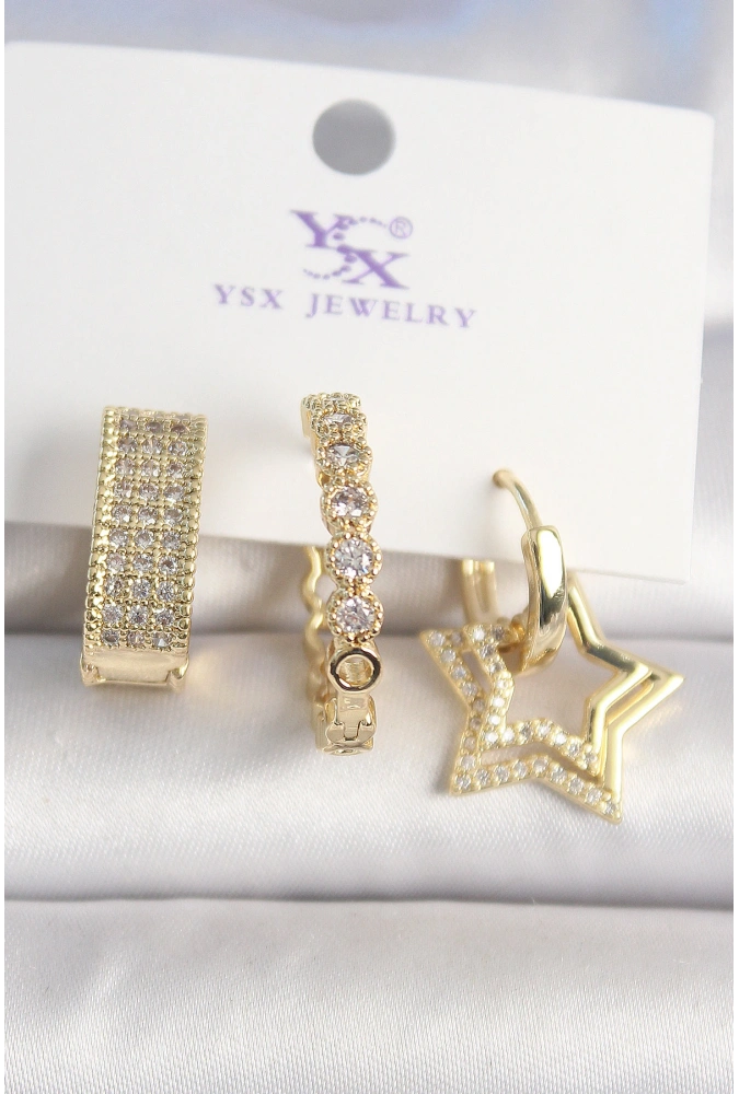 Shoecide Pirinç Gold Renk Zirkon Taşlı Yıldız Figür Halka Model 3lü Kadın Kombin Küpe