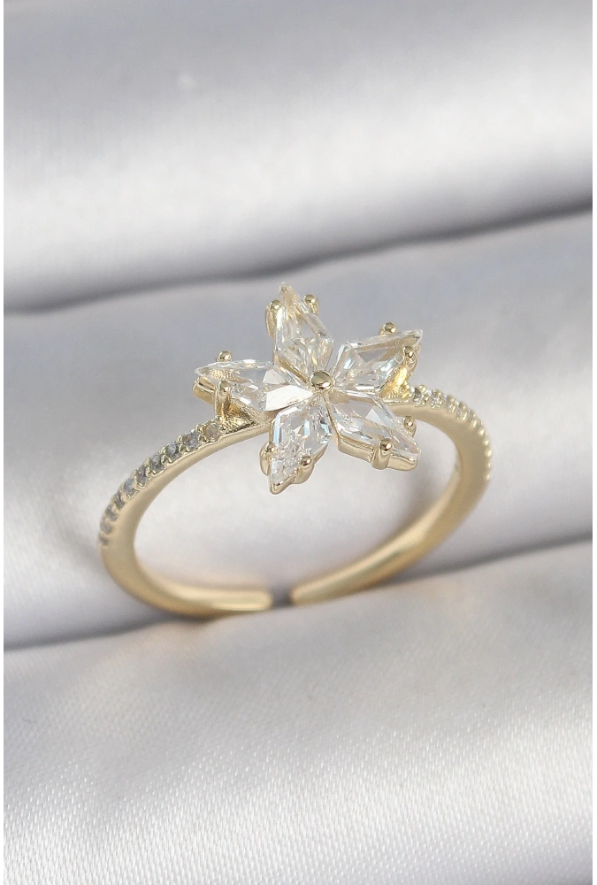 Shoecide Pirinç Gold Renk Zirkon Taşlı Yıldız Model Ayarlanabilir Kadın Yüzük