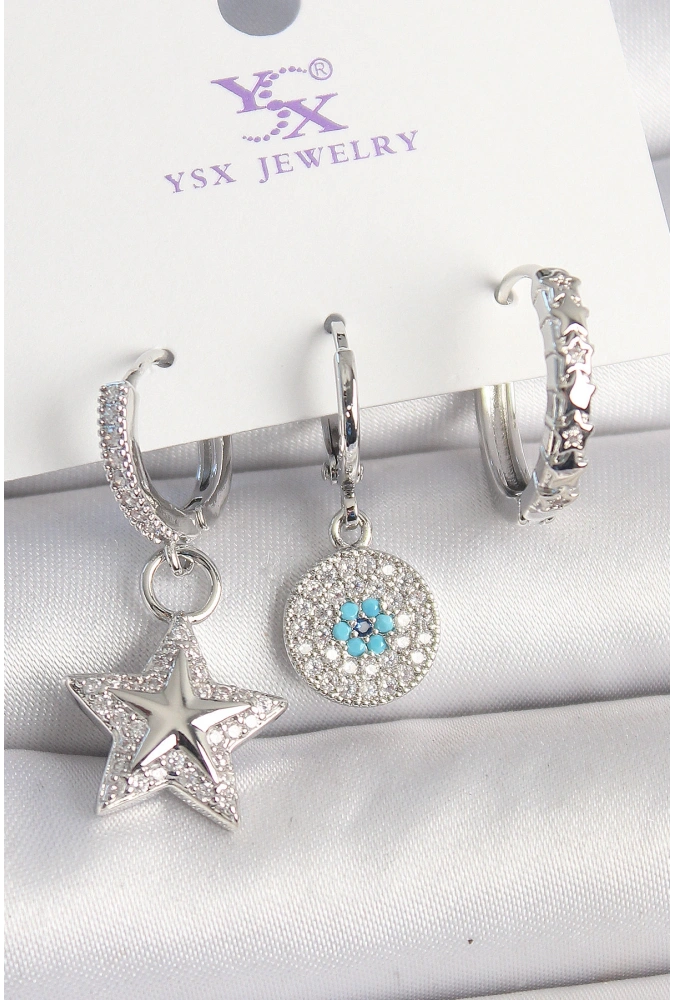 Shoecide Pirinç Gold Renk Zirkon Taşlı Yıldız Model Nazar Boncuk Detay 3lü Kadın Kombin Küpe