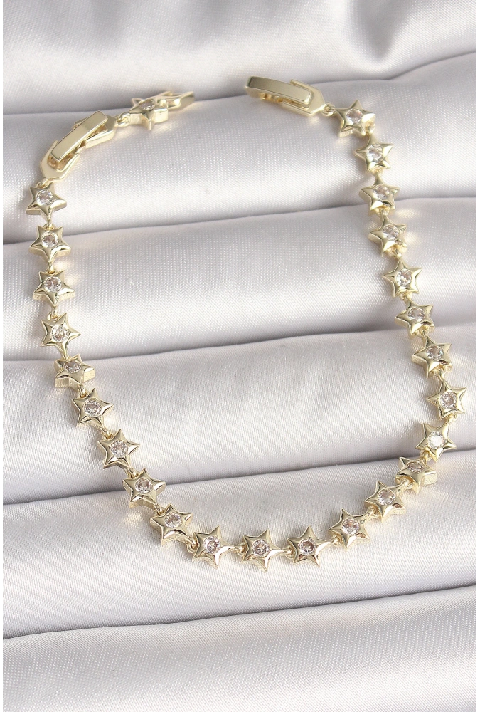 Shoecide Pirinç Gold Renk Zirkon Taşlı Yıldız Model Vıp Seri Kadın Bileklik